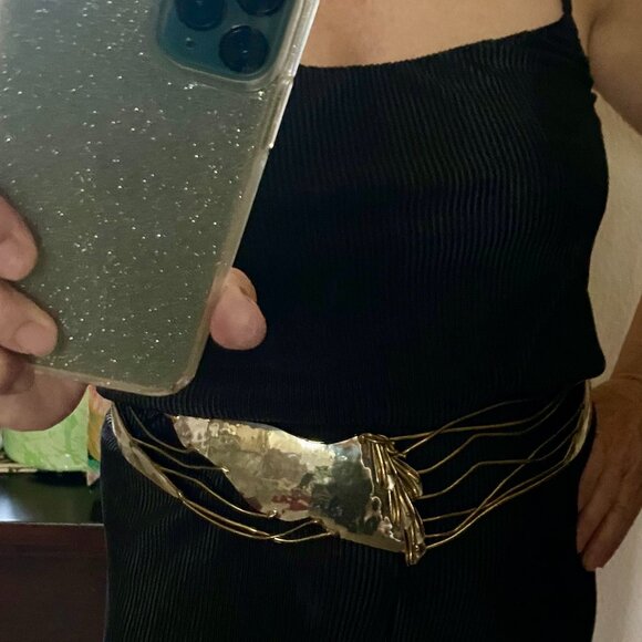 Vintage 1980s Brutalist Style Tooled Metal Belt w/Silver & Bronze Embellishments - Picture 3 of 7